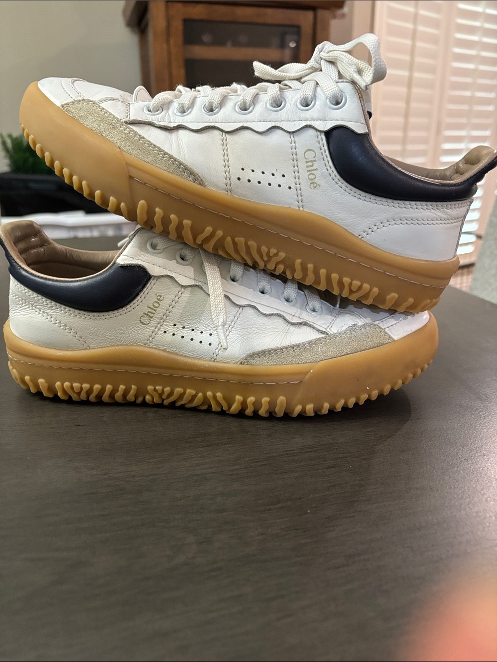 Chloé White Leather Sneakers with Navy Heel and Gum Sole Franckie - Picture 3 of 3